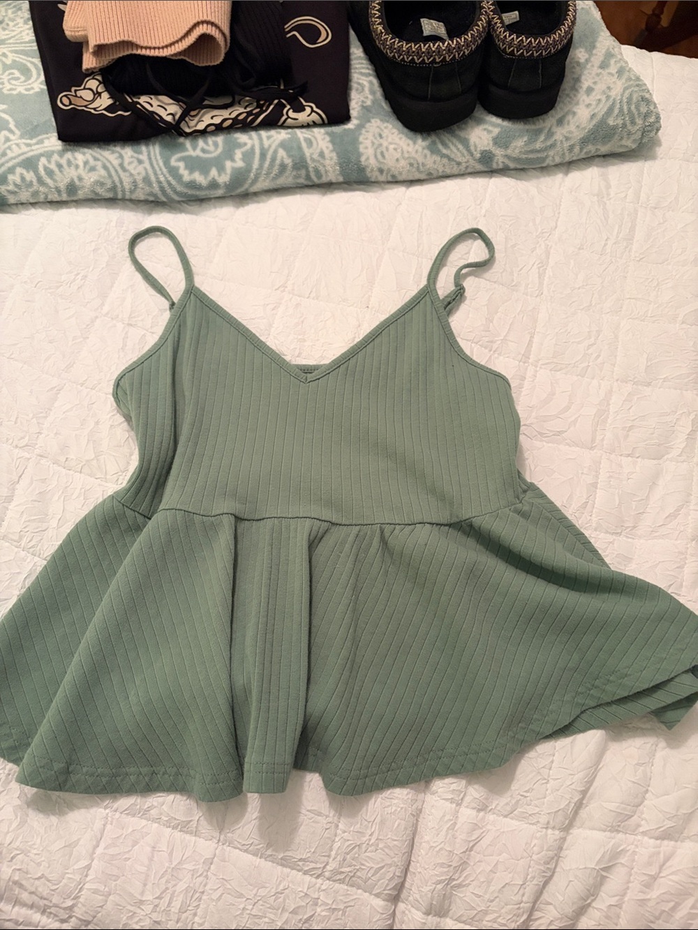 SHEIN Ribbed V-Neck Peplum Cami in Sage